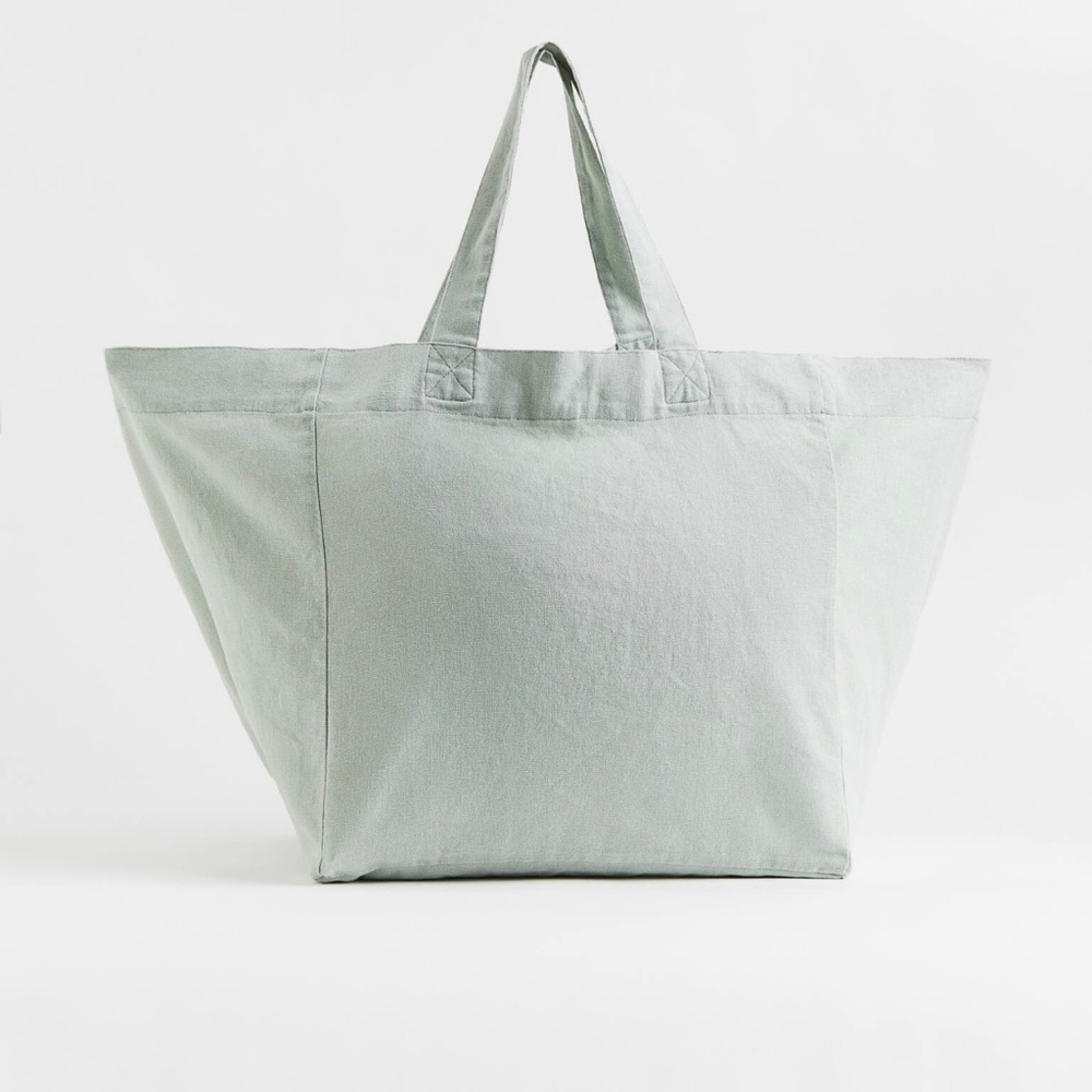 NEW! H&M HOME XL LINEN TOTE BAG Oversized Sage Green NWT - Picture 3 of 14